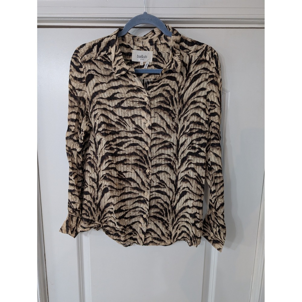 Ba&sh Lady Shirt Womens Small Tiger Animal Print Long Sleeve Button Up Tan Black